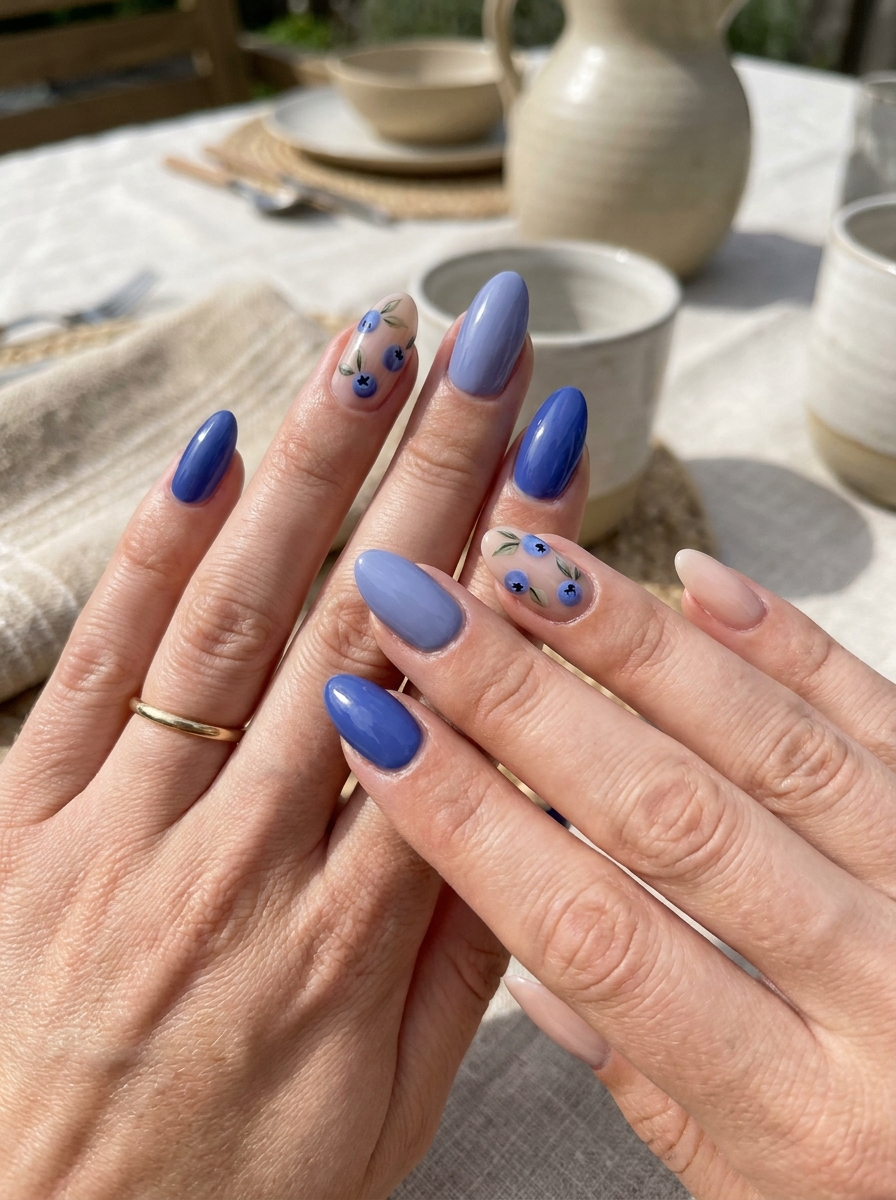 Blueberry Nails mit blauen Beerentönen und kleinen Heidelbeer Akzenten